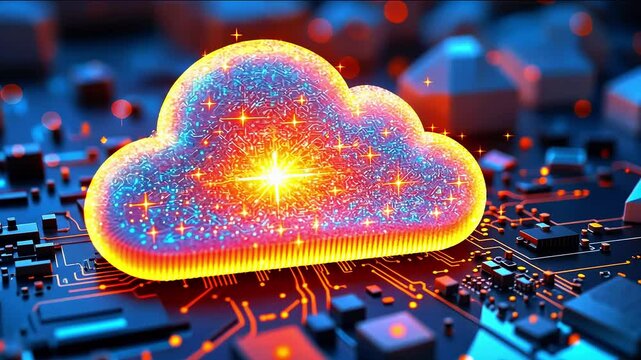 Colorful digital cloud representing data storage technology with glowing circuits and abstract background