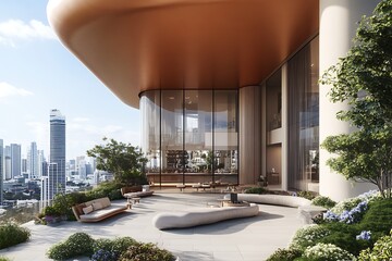 Open-air patio with cityscape view in a modern building, for real estate ads