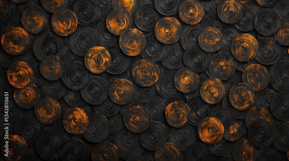 Poster textured background of black and orange circular patterns for design