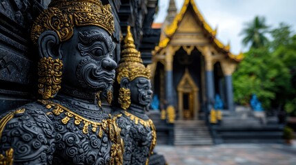 Obraz premium Stone sculptures adorned with gold leaf guard the entrance of a stunning temple in Thailand. The architecture reflects the intricate craftsmanship typical of the region, surrounded by lush greenery
