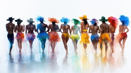 Obraz premium Groups of dancers in bright costumes and hats walk together, showcasing vivid colors and joyful expressions as they participate in a lively celebration under the sun