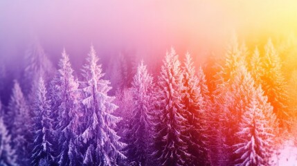 A winter forest filled with snow-covered trees illuminated by vibrant colors from a rising sun in the early morning