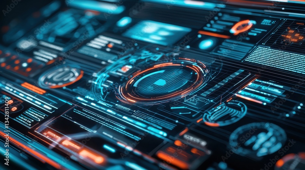 Poster futuristic digital interface with glowing designs and data metrics