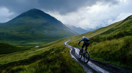 Fototapeta premium A cyclist rides a mountain bike along a winding dirt path through lush green hills. Dark clouds loom overhead, hinting at a storm. The scenic landscape showcases nature's beauty
