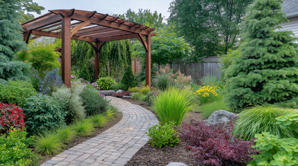 A modern garden design featuring a neatly paved walkway, vibrant flower beds, and well-trimmed bushes, adding elegance to the home&rsquo;s outdoor space