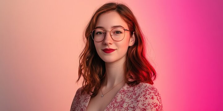 Portrait of a Young Woman with Glasses Against a Soft Pink Background
