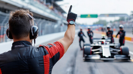 A race team member, wearing a headset and gloves, raises a hand to signal the driver as the car approaches the pit. The atmosphere is intense and focused during the Grand Prix