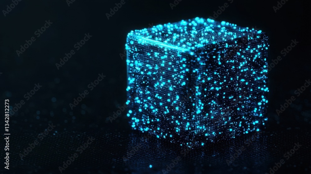 Poster glowing blue cube with sparkling particles on dark background