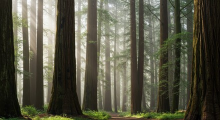 Majestic Redwood Forest with Sunlight Streaming Through Trees and Pathway