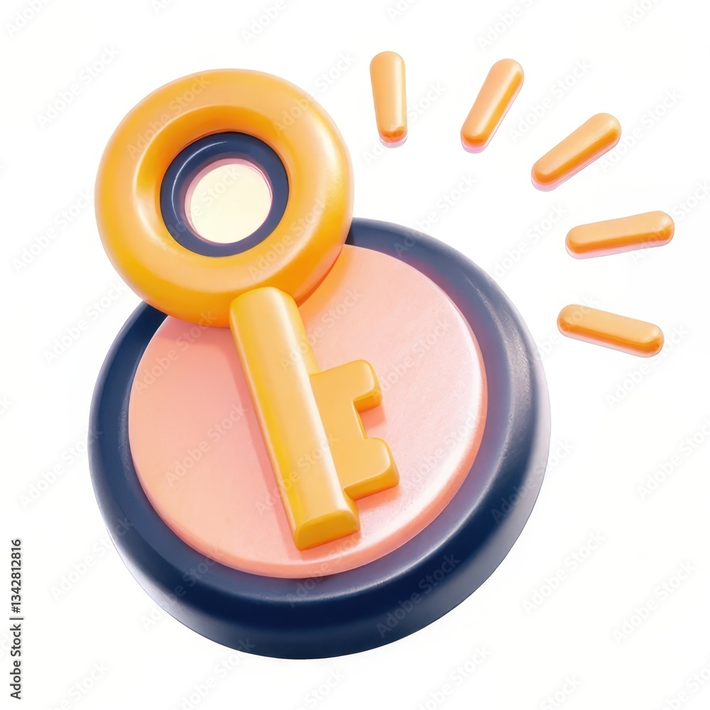 Poster stylized key icon with a glossy finish and surrounding elements.