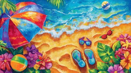 Obraz premium vibrant summer scene with colorful sun umbrella, beach ball, sunglasses, and flip flops on sandy beach surrounded by tropical flowers and lush greenery