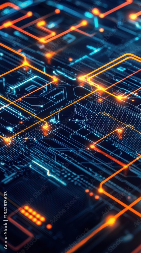 Poster abstract circuit design with glowing orange and blue lines and nodes