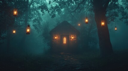 Obraz premium Foggy Forest Cabin Lit by Lanterns