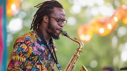 A talented musician passionately plays a saxophone on stage at an outdoor festival. The vibrant atmosphere is enhanced by colorful decorations and warm lighting as the sun sets