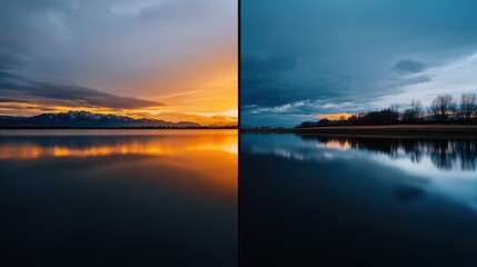 Fototapeta premium Vibrant hues of orange and blue blend in the sky as the sun sets behind mountains, reflecting beautifully on the still water of the lake during twilight