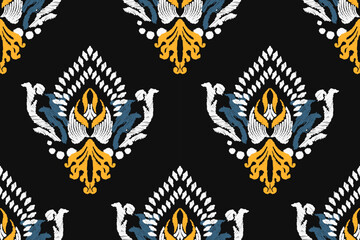 Embroidered Ikat flower pattern on a black background. Traditional ethnic ikat, Aztec abstract vector pattern, seamless pattern in tribal, folk embroidery and Mexican style.