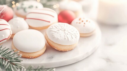 Obraz premium Delicate holiday cookies decorated with various icings sit beautifully on a marble plate, perfect for seasonal gatherings