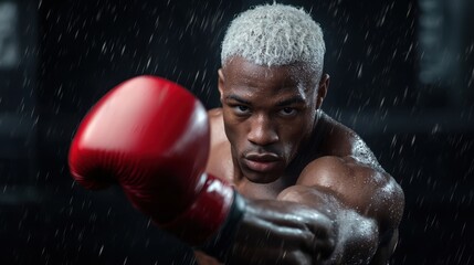 A determined boxer showcases powerful punches in a dramatically lit underground gym, with rain creating an intense atmosphere during a late-night training session