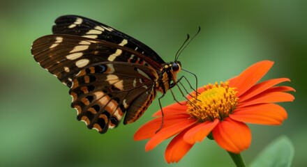 Obraz premium Colorful butterfly perched on vibrant orange flower in lush green environment