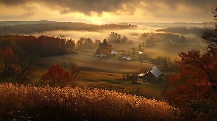 Fototapeta premium Rural landscape with fields, farms, mist and fall colors at sunrise for travel