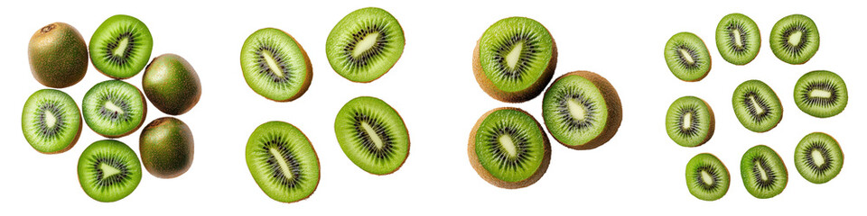 Fototapeta premium Closeup of sliced and whole kiwi fruits arranged in a visually appealing pattern on a plain white background showcasing the bright green color juicy texture