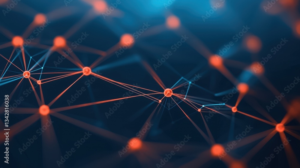 Poster abstract network connections with blue and orange nodes and lines