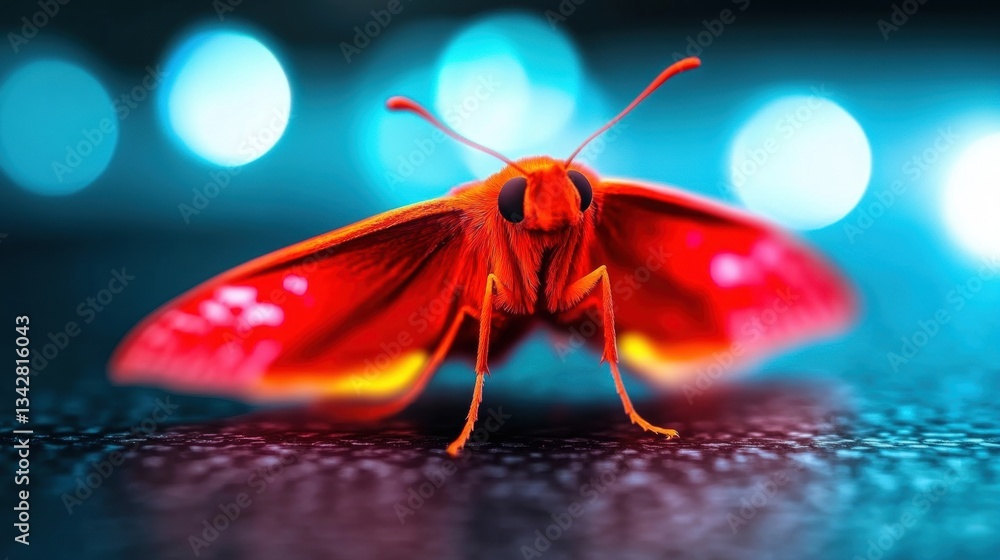 Aufkleber a vivid red butterfly with intricate patterns rests on a dark surface, surrounded by blue bokeh ligh