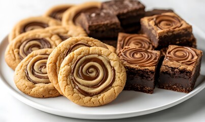Fototapeta premium peanut butter cookies and peanut butter swirl brownies arranged neatly on a white platter, Generative AI