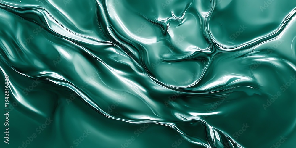 Poster Shiny Teal Liquid Texture Abstract Background with Smooth Wavy Flow
