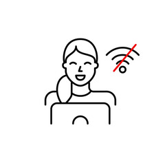 Woman at laptop and no wi-fi symbol. Disconnected offline work or study mode. Pixel perfect vector icon
