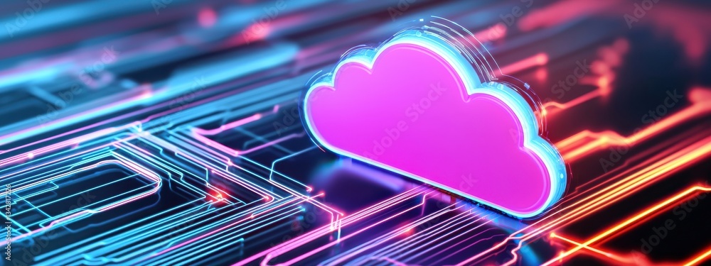 Poster modern cloud computing concept with neon colors and circuit patterns