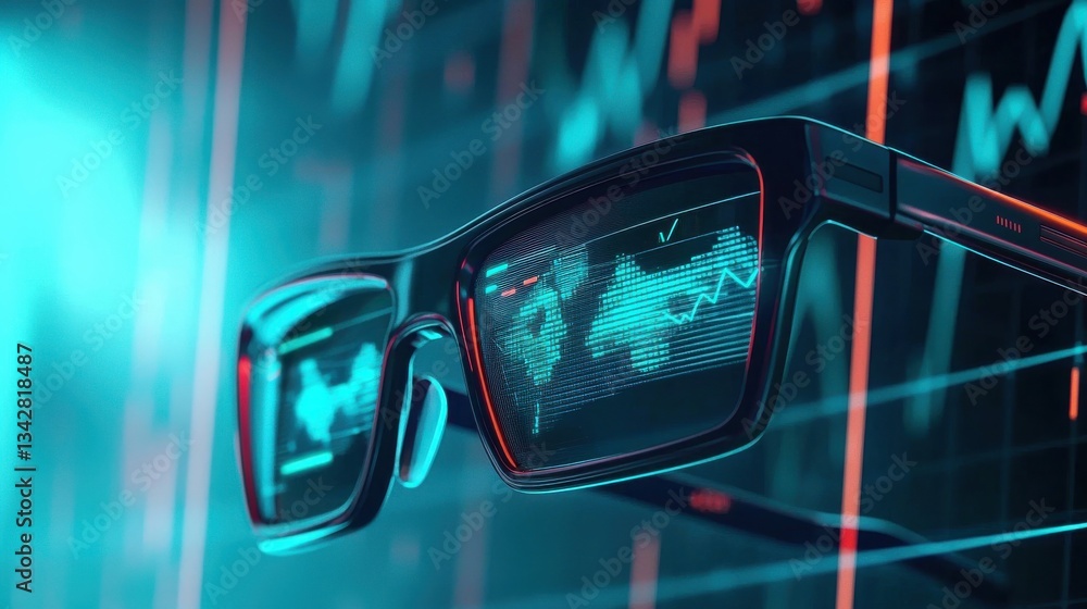 Poster futuristic glasses displaying data and graphs in digital environment