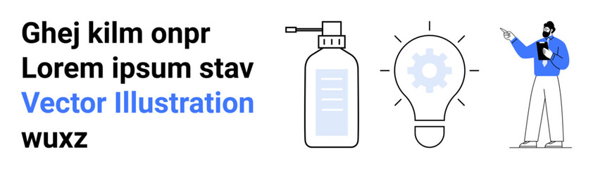 Man pointing with clipboard, sanitizer bottle, gear inside glowing bulb. Ideal for safety, innovation, creativity, problem-solving, guidance, hygiene awareness simple landing page