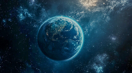 Naklejka premium A stunning view of Earth surrounded by a starry universe, showcasing the planet's vibrant colors against the deep space backdrop.