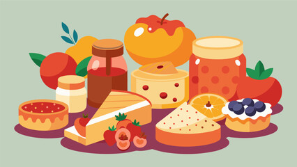 A spread of sweet and tangy fruit preserves paired with flaky pastries and mouthwatering cheeses all made with ingredients from nearby farms.. Vector illustration