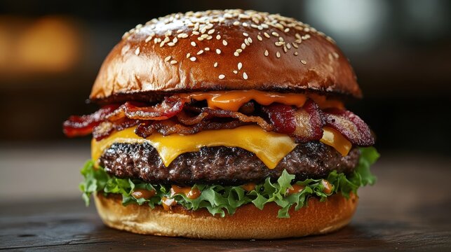 A juicy burger, crowned with crispy bacon and melted cheese, a gourmet delight ready to be devoured.