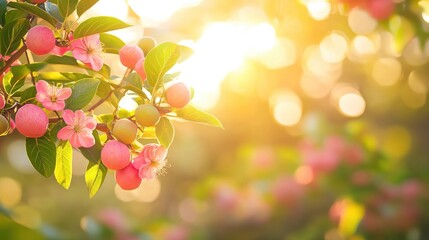 Obraz premium Blossoming fruit tree branches with pink flowers and sunlight.