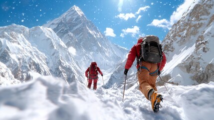 Hikers Ascending Snowy Mountain with Backpacks and Walking Sticks