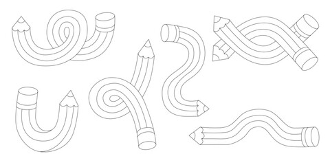 Pencils set vector illustration. Twisted flexible doodle simple pencil in different shapes like knot, check mark, bend one, doodles. Back to school, teachers day concept.