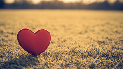 red heart shape stands on grassy field under warm, golden sunset, evoking feelings of love and tranquility