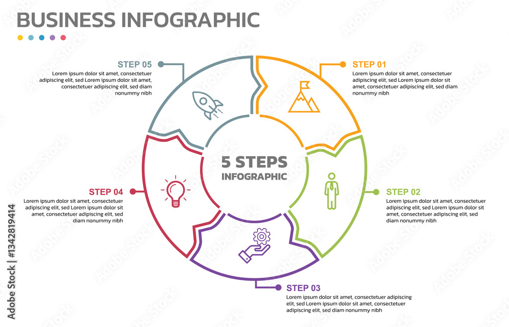 Poster Visual data presentation. Cycle diagram with 5 options. Pie Chart Circle thin line infographic template with 5 steps, options, parts, segments. Business concept. Editable pie chart with sectors.