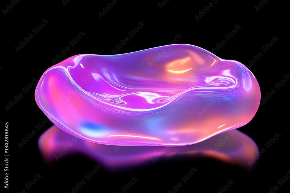 Poster iridescent glowing shape on black background with reflection and soft light