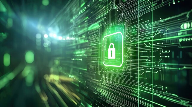 Green Digital Lock Symbol on Circuit Board Background for Security Themes
