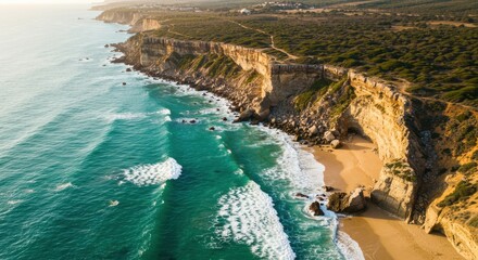 Obraz premium Aerial view of rugged coastline with waves crashing on sandy beach at sunset
