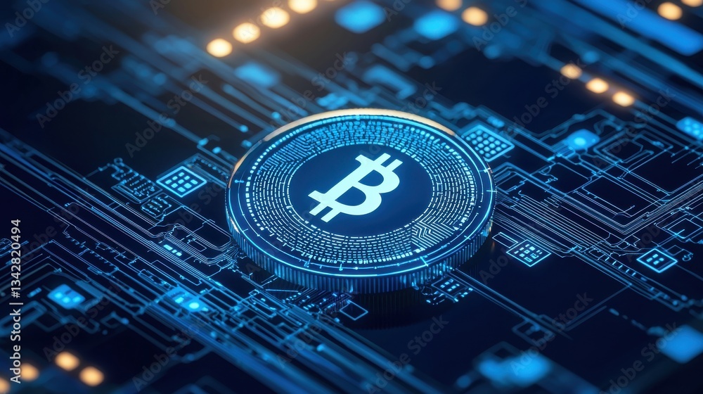 Poster digital bitcoin symbol on circuit board design visual representation