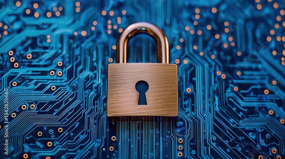 Poster security concept with padlock on circuit board background