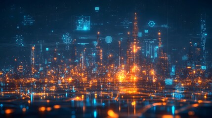 Fototapeta premium A digital rendering of a futuristic city at night. Glowing lights and neon signs illuminate the buildings. Oil Production Process Theme Background. Smart IoT for oil Field