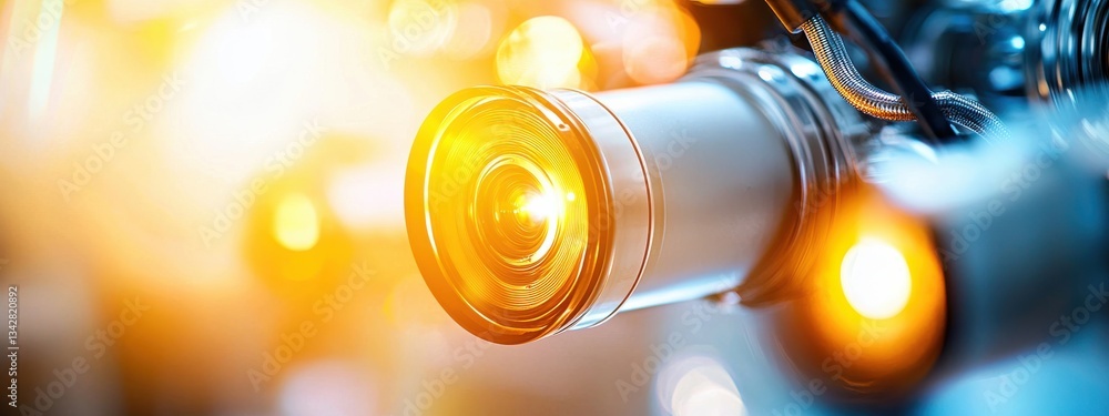 Poster camera lens close-up with bright light reflections and bokeh effect