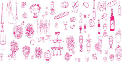 La dolce vita italian sicily style. Hand drawn ink line food and wine or champagne drawings.