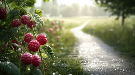 Fototapeta premium A serene path bordered by vibrant raspberry plants in a sunlit landscape.